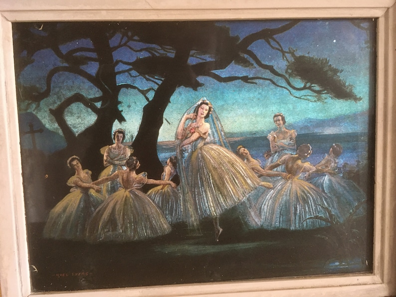 Op de afbeelding: Een schilderij van een groep ballerina's in witte tutu's die 's nachts onder een boom dansen. De ballerina's staan in een cirkel, met &eacute;&eacute;n ballerina in het midden. De achtergrond is een donkerblauwe lucht met sterren.