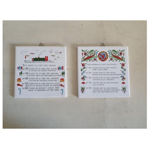 Vintage Greek Ceramic Wall Tiles Handmade Tassoulis Funny Quotes Decor, Man and Woman World Train Themes, Set of 2 (15x15 cm)