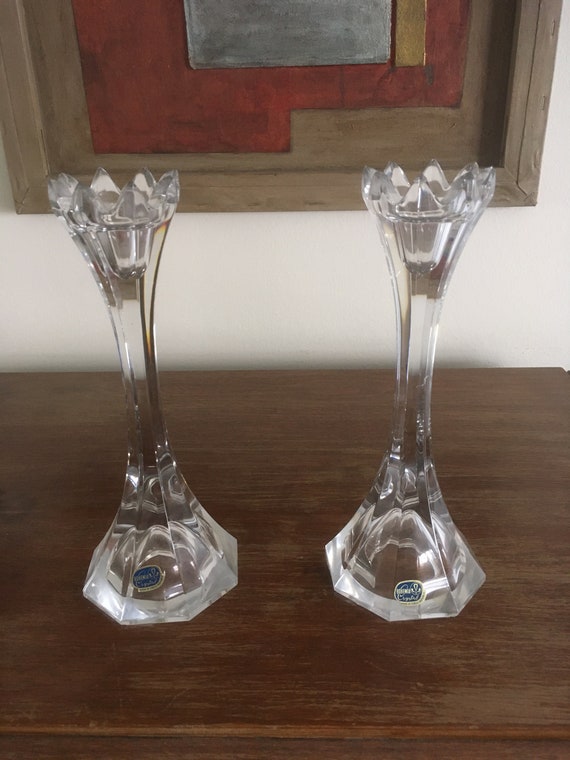 Bohemia Crystal Pair of Candlesticks. Hand Cut Lead Crystal Glass