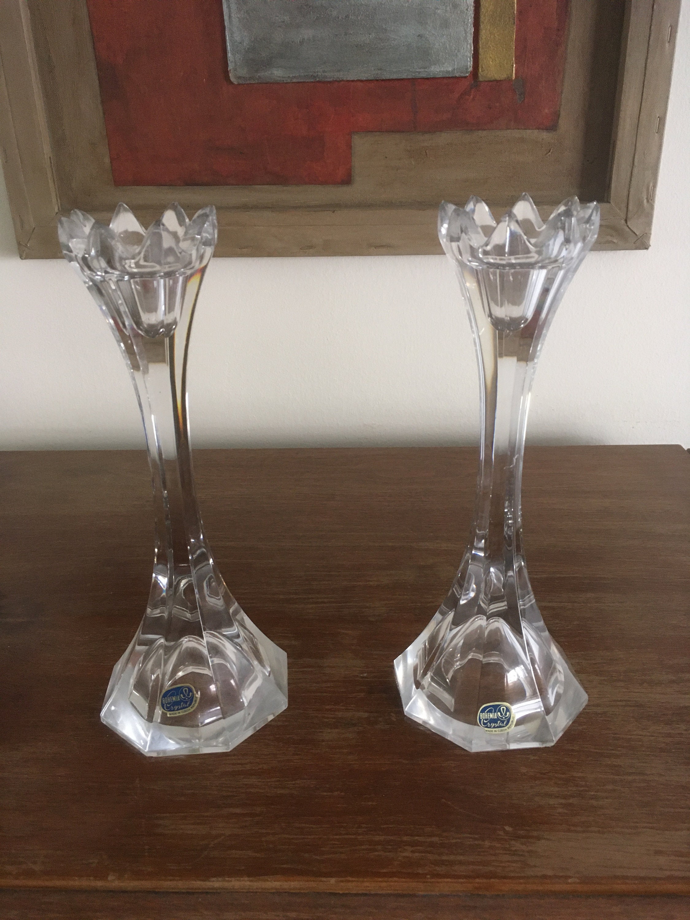 Bohemia Crystal Pair of Candlesticks. Hand Cut Lead Crystal Glass