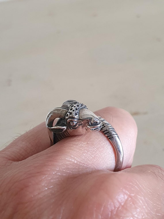 Sterling Silver Ram Head Ring, Adjustable Open Ba… - image 1
