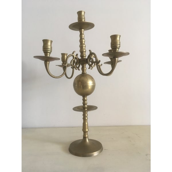 Vintage Massive Brass Candle Holder. 5 Arm Table Top Candelabra. Heavy Old Candlestick 46cm tall. Gold Tone Metal Dutch Design Candleholder.