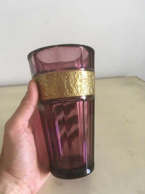 Moser モーゼル クリスタルガラス 置物 紫 パープル Moser Amethyst Purple Glass Tumbler Encircled With Wide Brass
