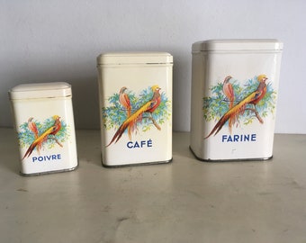 Vintage Tin Storage Boxes. Farine, Cafe, Poivre French Metal Canisters. Kitchen Decoration.