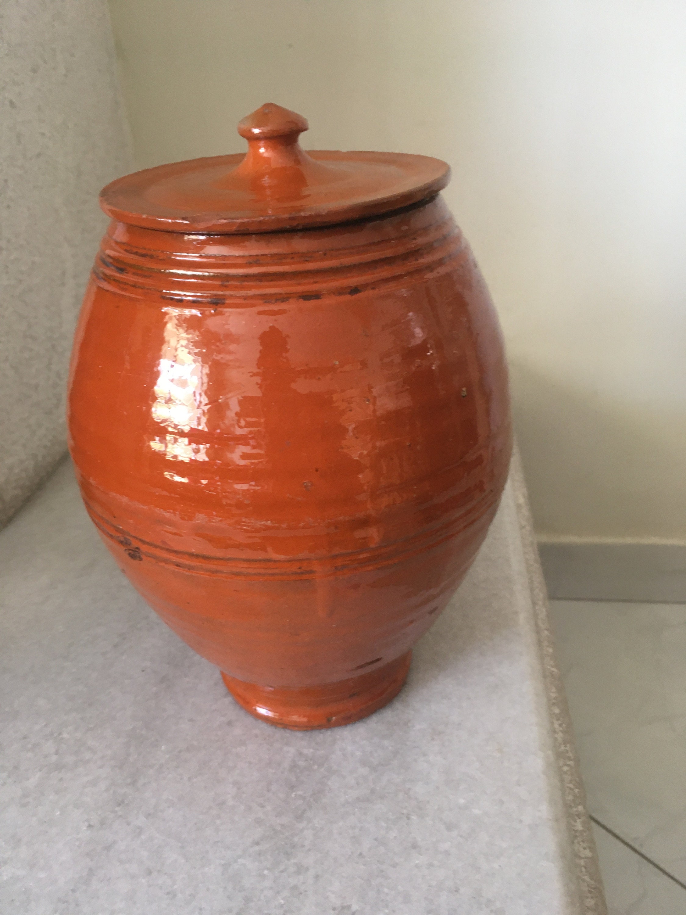 Greek Glazed Ceramic Pot With Lid. Olive Oils and Food Storage Container.  Vintage and Handmade Pottery From Greece. 10 Inches Tall. 