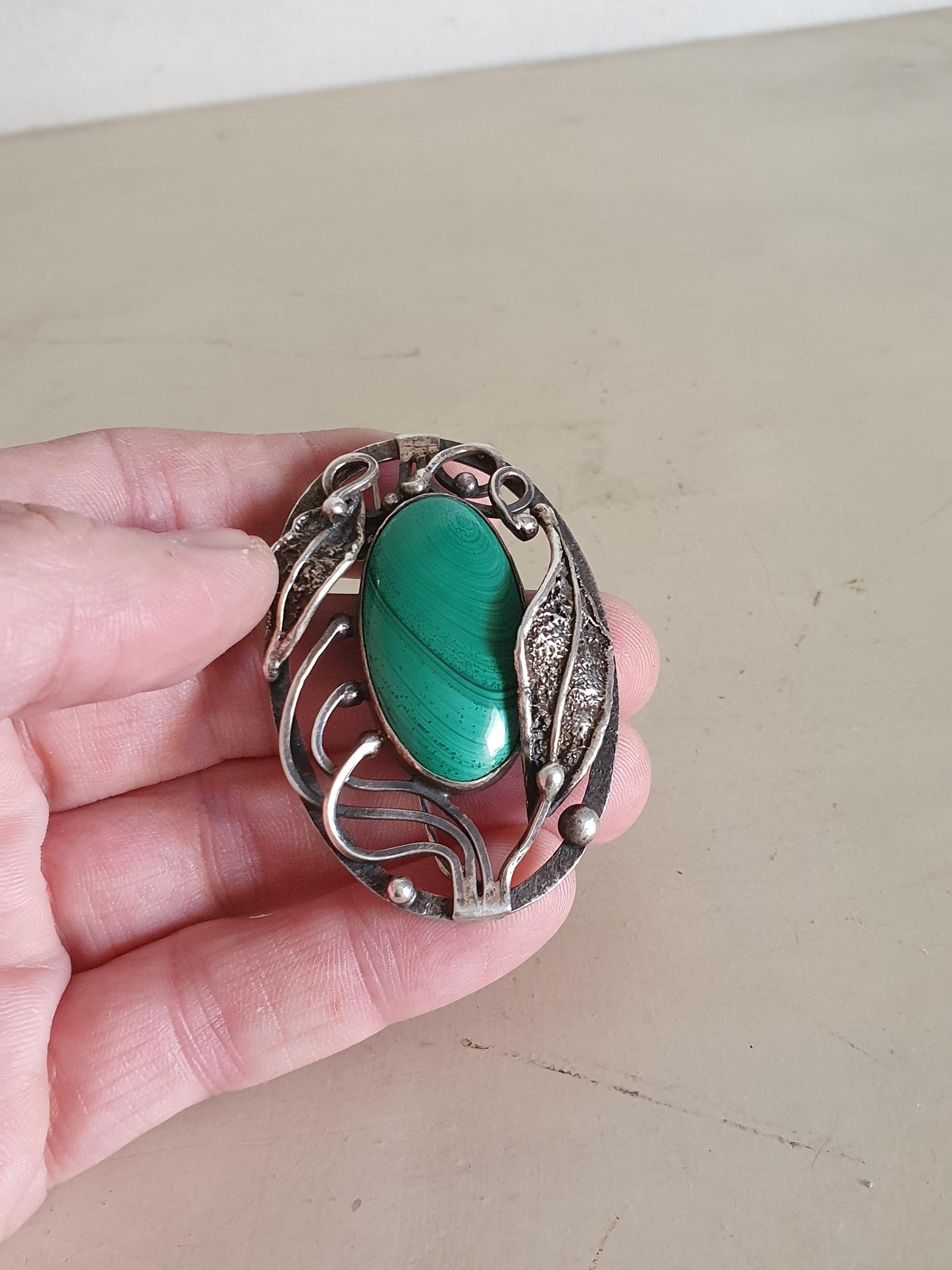 Broche Ancienne Art Nouveau Filigranée En Argent Et Malachite - Occasion Bon état