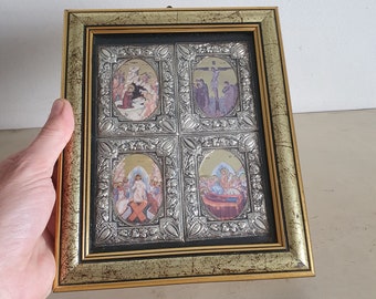 Vintage Greek Orthodox Icon Quad Panel Depicting Crucifixion and Resurrection Scenes. Framed Silver 925 Religious Art. 22 X 17.5 cm.