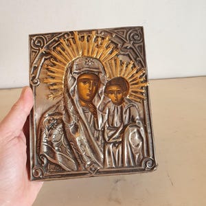 Greek Icon Virgin Mary & Child, Hand Painted on Wood with Silver Plated Copper and Gold Plated Halos, 17.5x14.5cm, Iconostasis Ornament.