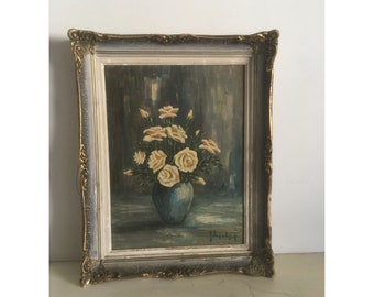 Framed Vintage Oil on Canvas Painting. Signed by Greek female Painter M. Diamantopoulou. Vase with Yellow Roses Original Painting.