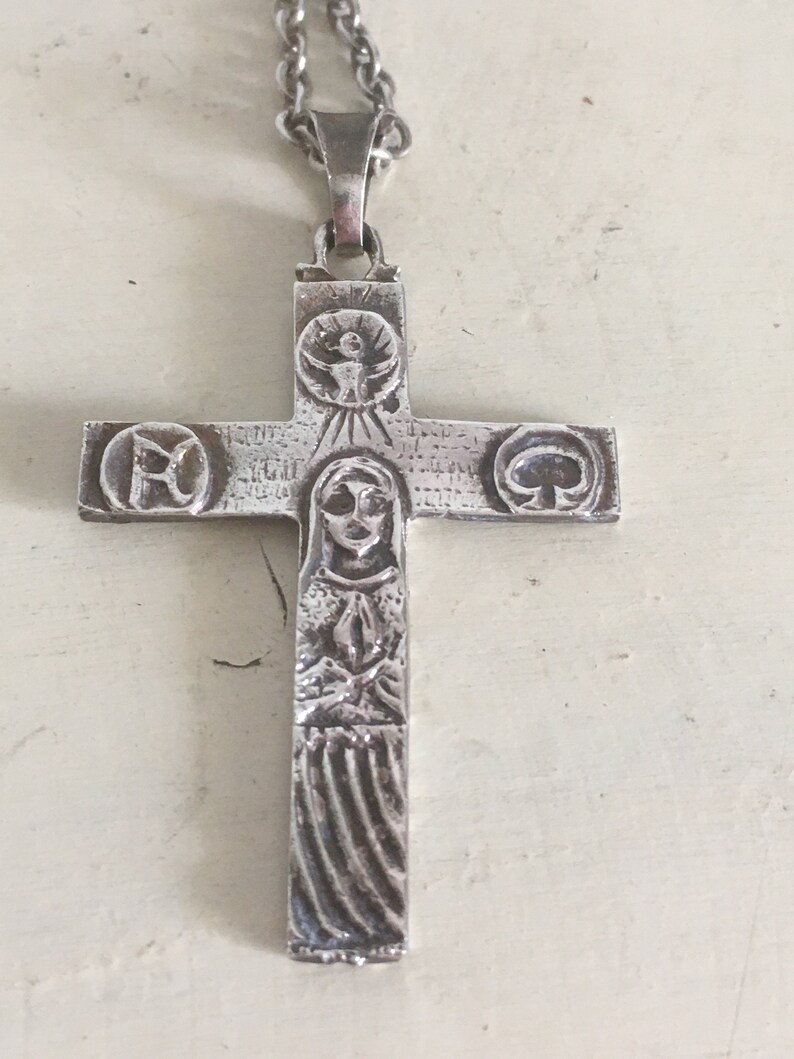 Greek Sterling Silver Artistic Cross with Long Chain. Vintage Unique Handmade Christian Cross. Rare Design Unisex Cross Pendant from Greece. image 8