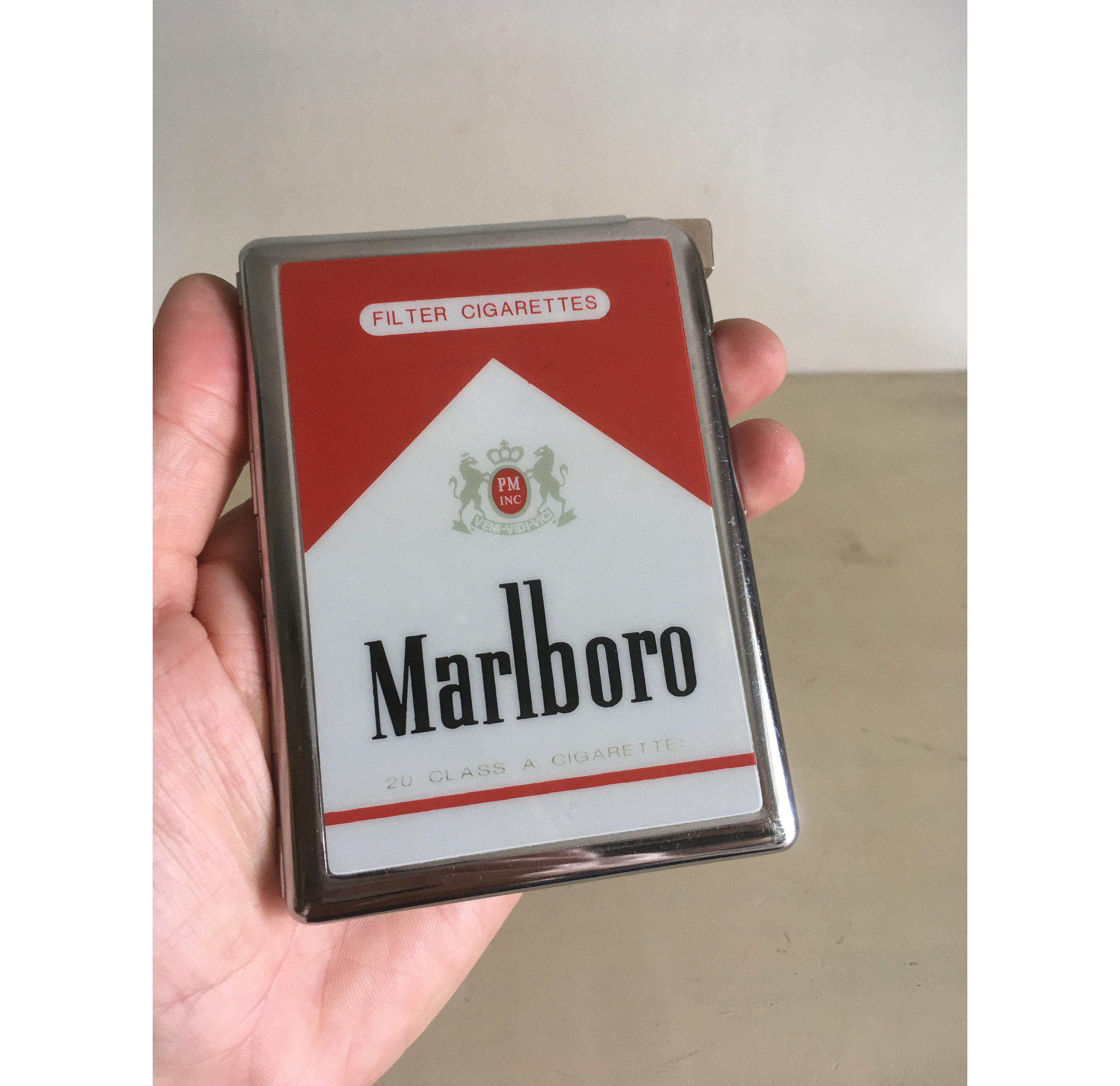 cigarette case marlboro Vintage Marlboro Metal Cigarette Holder With Working Refillable Lighter.  Collectible Stainless Steel Hinged Cigarettes Case