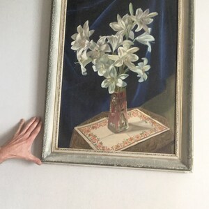 Stor originalmålning och signerad. Vintagemålning, akryl på duk, inramad från 1953. Vas med blommor, väggkonst. Signerad Zottas 1953. bild 7