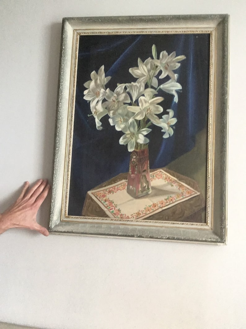 Stor originalmålning och signerad. Vintagemålning, akryl på duk, inramad från 1953. Vas med blommor, väggkonst. Signerad Zottas 1953. bild 7