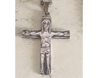 Greek Sterling Silver Artistic Cross with Long Chain. Vintage Unique Handmade Christian Cross. Rare Design Unisex Cross Pendant from Greece.