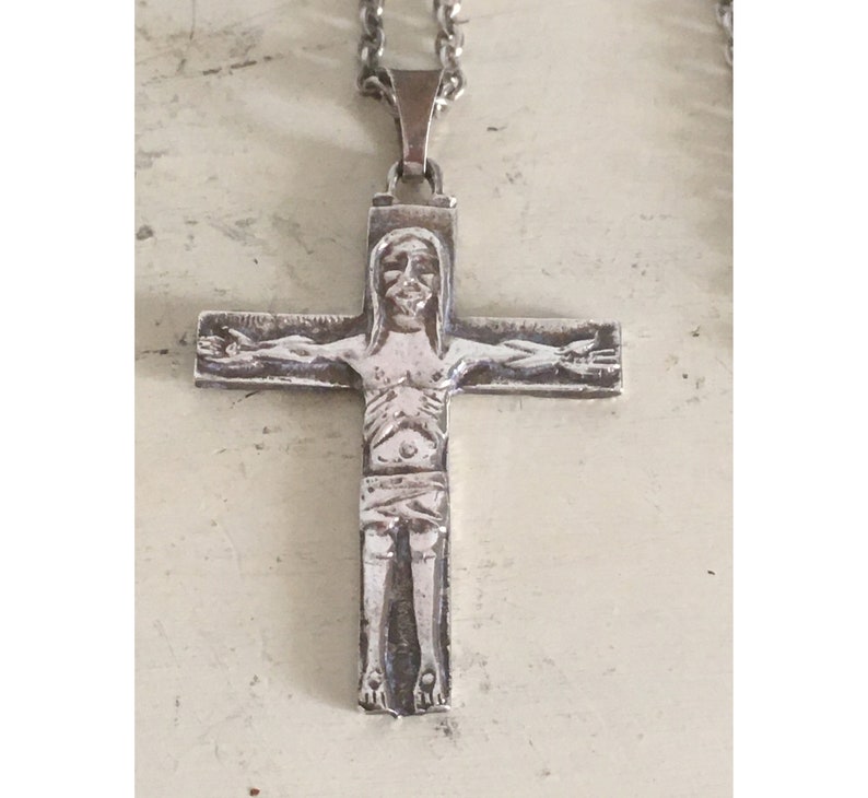 Greek Sterling Silver Artistic Cross with Long Chain. Vintage Unique Handmade Christian Cross. Rare Design Unisex Cross Pendant from Greece. image 1