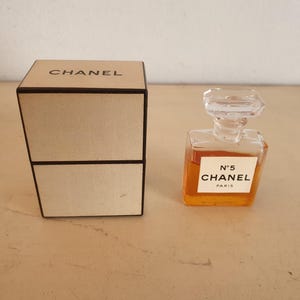 Vintage Chanel No. 5 Mini Perfume Elegant Collectible Bottle with Box, 5cm Tall, Collectible Fragrance, Made in France, 60g Total Weight.