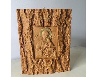 Handmade Icon of Mother of God with Jesus Christ. Thick Resin Canvas Icon from Agion Oros.