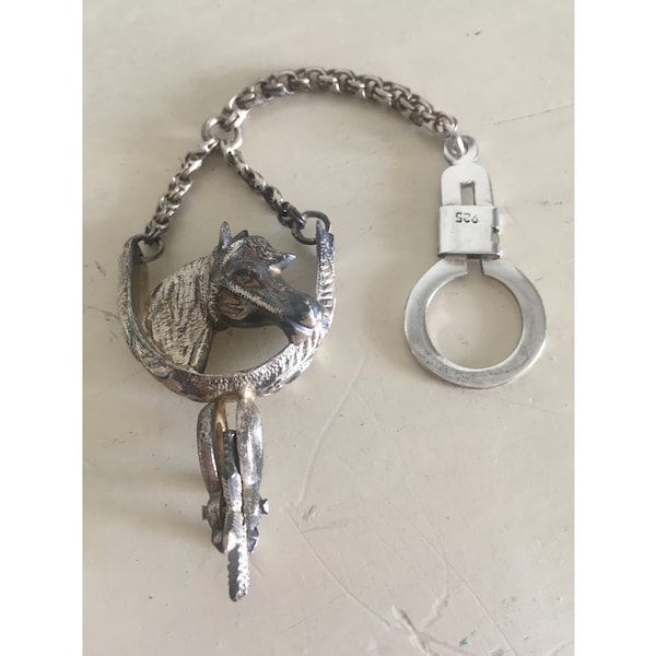Sterling Silver Horse Key Chain. Horse Head, Petal and Spur Silver sculpture. Hallmarked 925 Old Handmade Keychain.