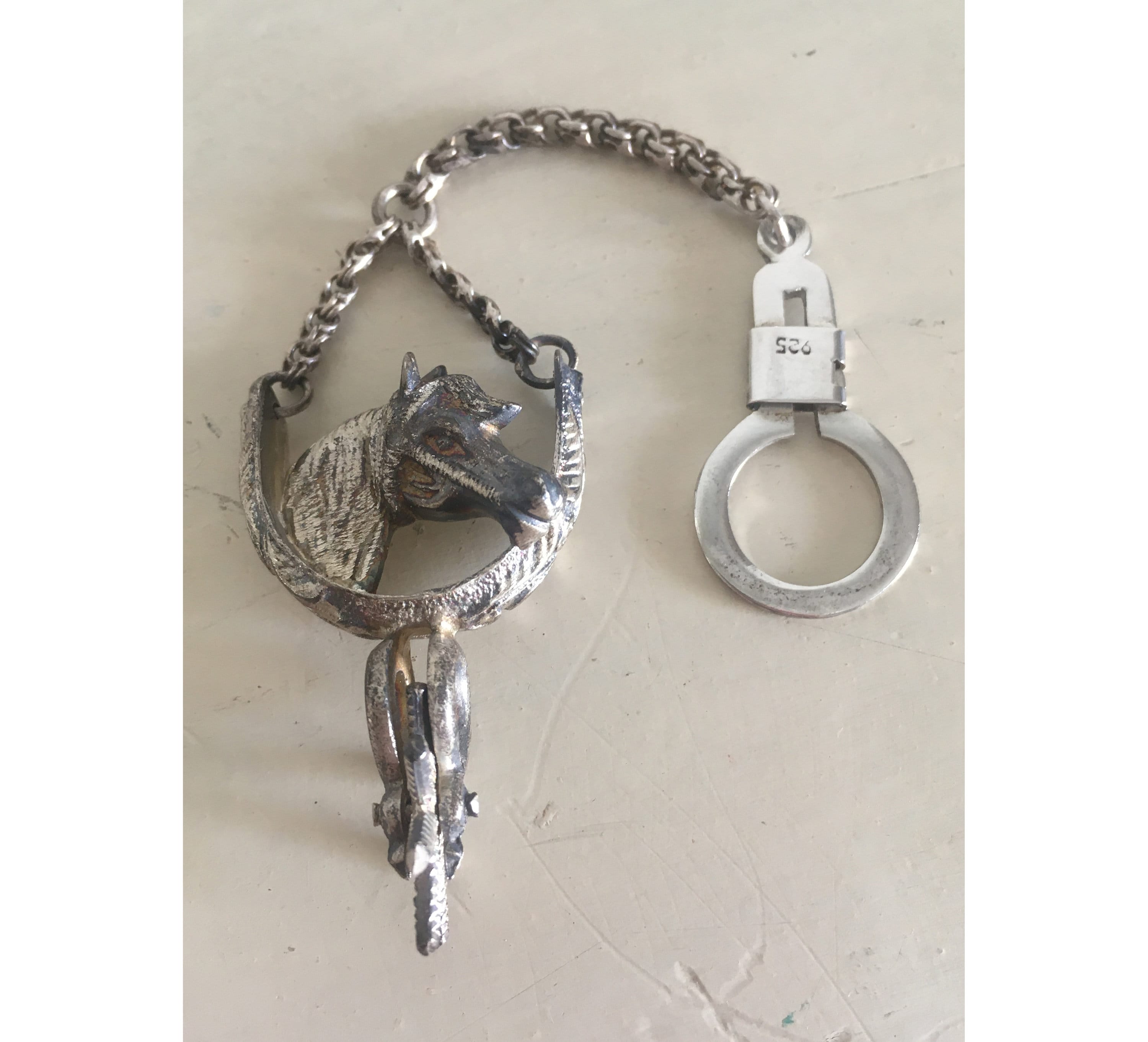 Sterling Silver Horse Key Chain. Horse Head, Petal and Spur Silver
