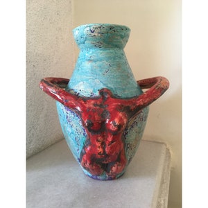 Unique Handmade Fine Art Ceramic Sculpture Vase. Female and Male Figures Holding Hands. Original Vintage Vase.