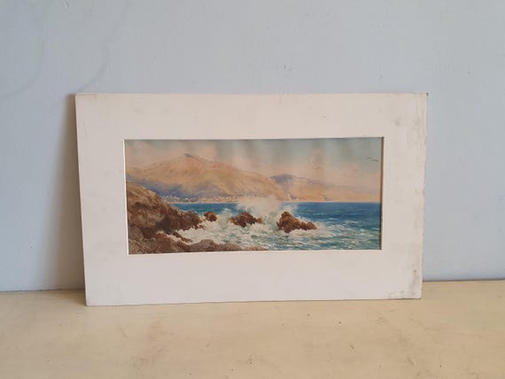 海岸の風景 水彩画 フレーム付き 水彩 海岸線絵画 絵画 風景画 アメリカ カリフォルニアの海岸