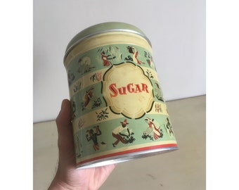 1950&#39;s Worcester Sugar Tin Can. Screen Printing Metal Storage Box, Made in England. Vintage Collectible Round Tin Case. Kitchen Decor.