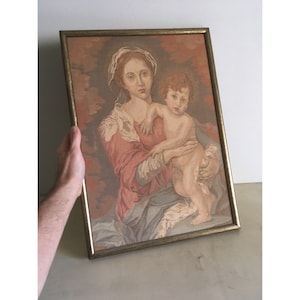 Vintage Framed Mother and Child Needlepoint, Embroidery Frame Tapestry. 1970's Wall Hanging, Wall Decor.