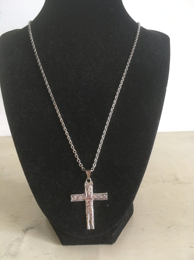 Greek Sterling Silver Artistic Cross with Long Chain. Vintage Unique Handmade Christian Cross. Rare Design Unisex Cross Pendant from Greece. image 4