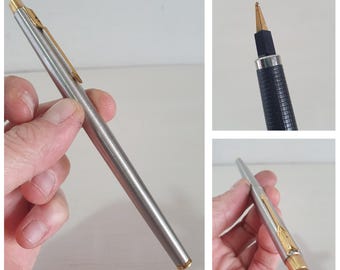 Vintage Parker Vector Fountain Pen in Stainless Steel with Gold Trim – Classic 1980s Design, Elegant Collectible Writing Instrument