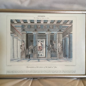 Lithograph Art Print Copy of the Temple of Zeus in Olympia from the original Xylograph of 1879. Framed Greek Lithograph.