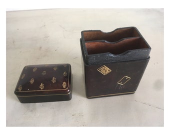 Antique Calf Leather Playing Card Holder Case. Early 1900&#39;s Gold Tone Engraved Suits and Symbols Box for 2 Decks of Cards.