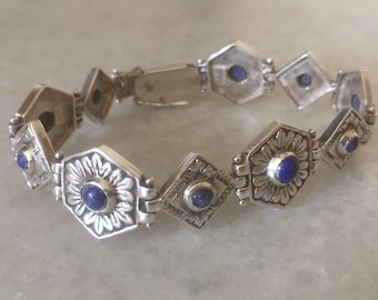 Sterling Silver 925 Greek Bracelet. 10 Linked Hexagons and Rhombus Hallmarked 925 Vintage Bracelet. Flower Motif Borders  Blue Gems Bracelet