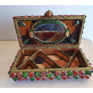 Boîte décorative vintage faite main, grande rectangulaire avec miroir, 6 compartiments, pierres précieuses colorées, 36 x 21 x 9,5 cm
