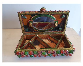 Vintage Handmade Bejeweled Decorative Box, Large Rectangular with Mirror Interior, 6 Compartments, Colorful Gemstone Design, 36x21x9.5 cm