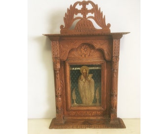 Antique Saint Vasilios Cabinet Icon. Wooden Ornate Framed-Shrine Wall Hanging. Christian Greek Hand Carved Iconostasis.