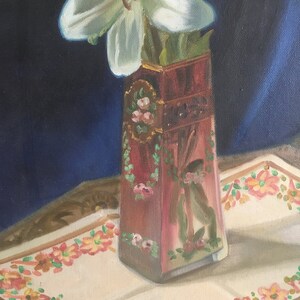Stor originalmålning och signerad. Vintagemålning, akryl på duk, inramad från 1953. Vas med blommor, väggkonst. Signerad Zottas 1953. bild 6