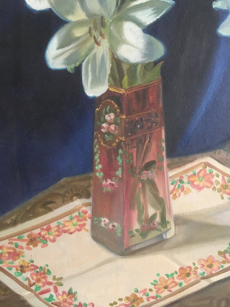 Stor originalmålning och signerad. Vintagemålning, akryl på duk, inramad från 1953. Vas med blommor, väggkonst. Signerad Zottas 1953. bild 6