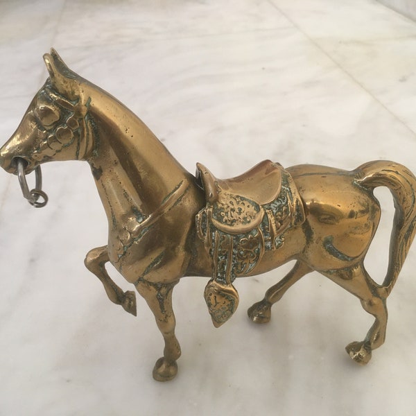 Vintage Brass Horse Sculpture with Greenish Timeworn Patina. Decorative Metal Horse Figure. 18.5 cm Tall.