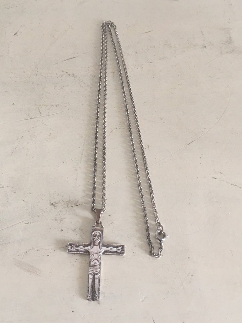 Greek Sterling Silver Artistic Cross with Long Chain. Vintage Unique Handmade Christian Cross. Rare Design Unisex Cross Pendant from Greece. image 2