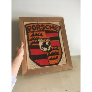 Vintage Handmade Porsche Logo Embroidery with Wooden Frame. Size 49.5 X 42 cm, Porsche Wall Hanging. Luxury Cars Porsche Decoration.