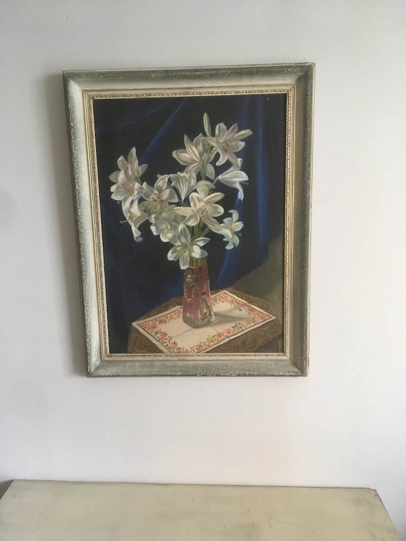 Stor originalmålning och signerad. Vintagemålning, akryl på duk, inramad från 1953. Vas med blommor, väggkonst. Signerad Zottas 1953. bild 1
