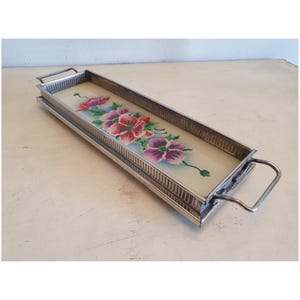 Vintage Greek Art Deco Tray by MEAMΣ with Floral Design Under Glass, Rectangular, Metal Handles, 33x9cm. Small Size Decorative Tray.