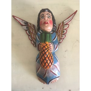 Mexican Hand Carved and Painted Wood Angel Sculpture. Folk Art, Religious Decor, Wall Hanging. Catholic Figure with Pineapple.
