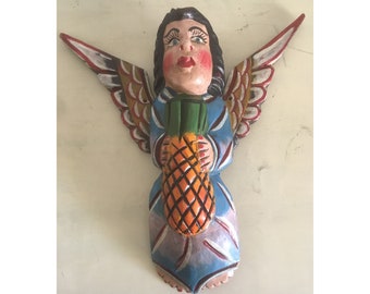 Mexican Hand Carved and Painted Wood Angel Sculpture. Folk Art, Religious Decor, Wall Hanging. Catholic Figure with Pineapple.