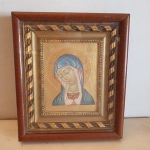 Hand painted Virgin Mary framed icon under glass, gold background, signed, wood carved frame, religious wall art from Greece 31.5x27cm
