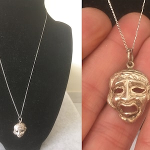 Sterling silver tragedy mask pendant. Greek vintage handmade silver pendant hallmarked 925. Spooky Weird face unisex pendant.