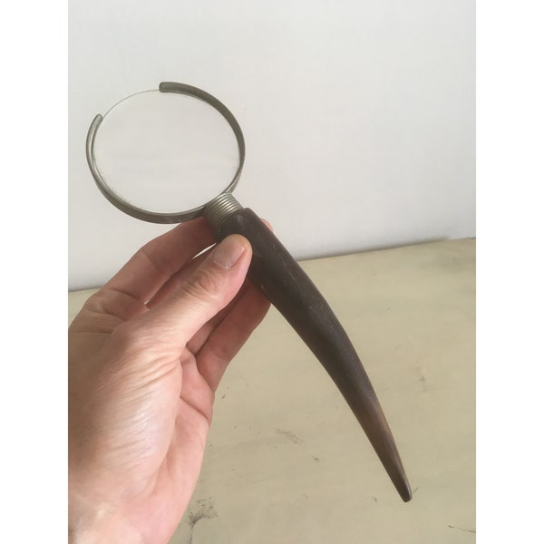 Vintage Loupe with Horn Handle. Magnifying Glass with Metal, Half Open Glass Frame. Office Decor Reading Magnifier Gift.