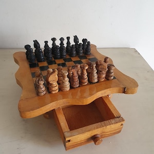 Handmade Wooden Chess Set with Storage Drawers, 22 x 22 cm, Unique Rustic Design for Collectors.