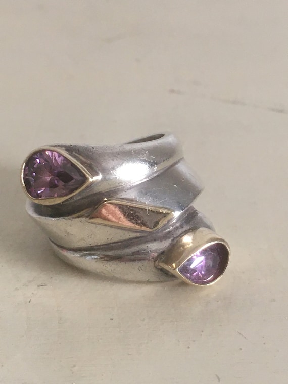 14K Gold, Silver 950 and Amethyst Ring. Robust St… - image 1