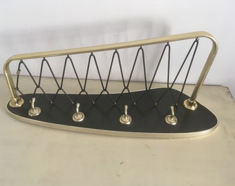 Mid Century Metal Wall Hanger. Clothes Hanger, Coats, Hats, Rack. Rare Vintage Post Modern Design Wall Hanger. Metal and Lacquered Wood.